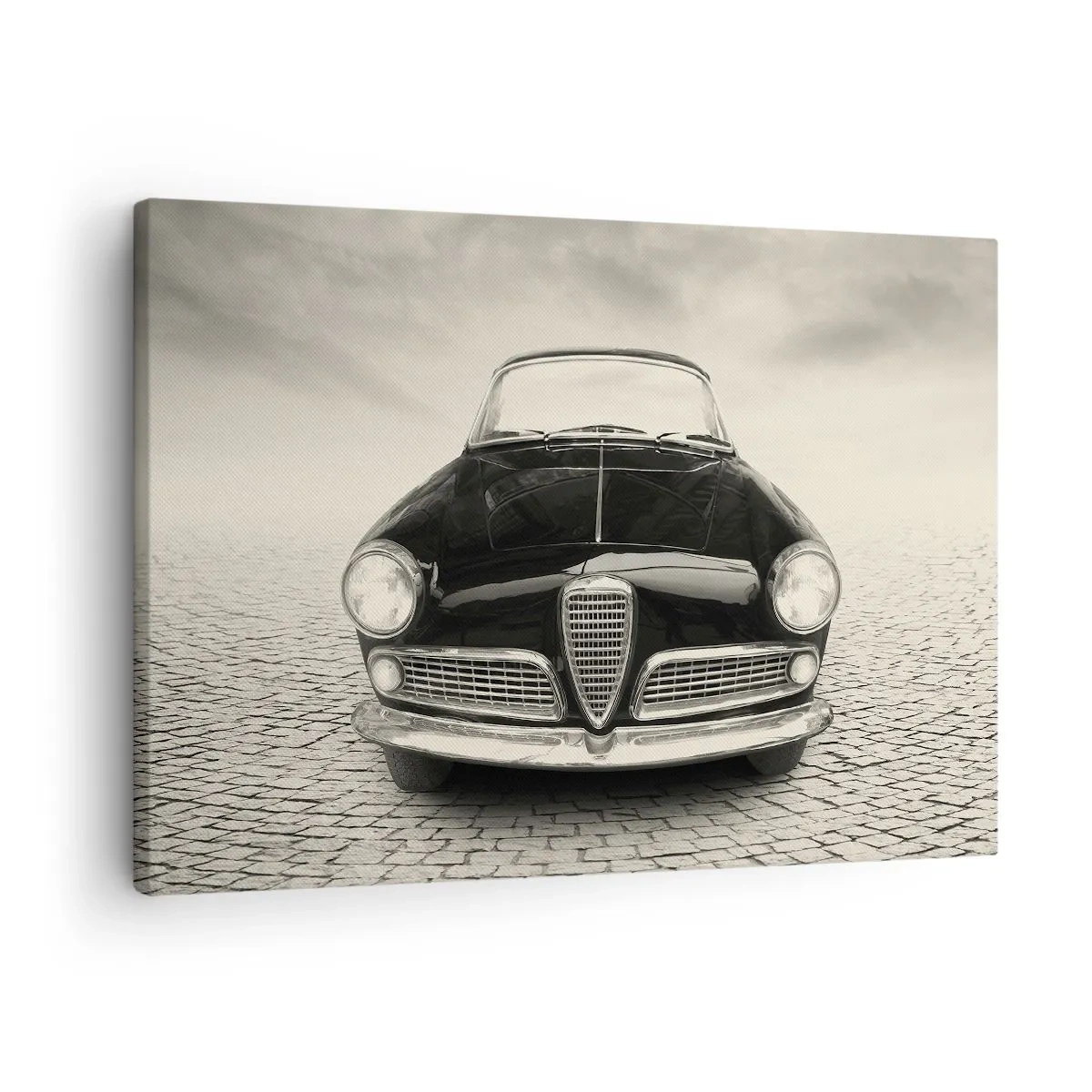 Schilderen op canvas - Een klassieke auto op een geplaveid plein in een monochrome stijl - 70x50cm - Je moet gewoon van me houden - Moderne wanddecoratie voor woonkamer en slaapkamer ARTTOR