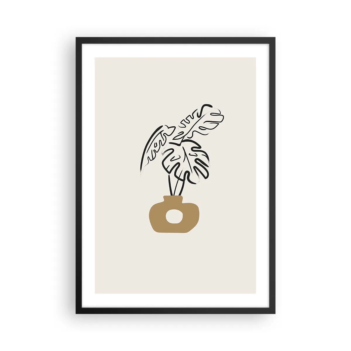 Poster in een zwarte lijst - Een minimalistische tekening van een monstera in een vaas - 50x70cm - Monstera – huisdecoratie - Moderne wanddecoratie voor woonkamer en slaapkamer ARTTOR