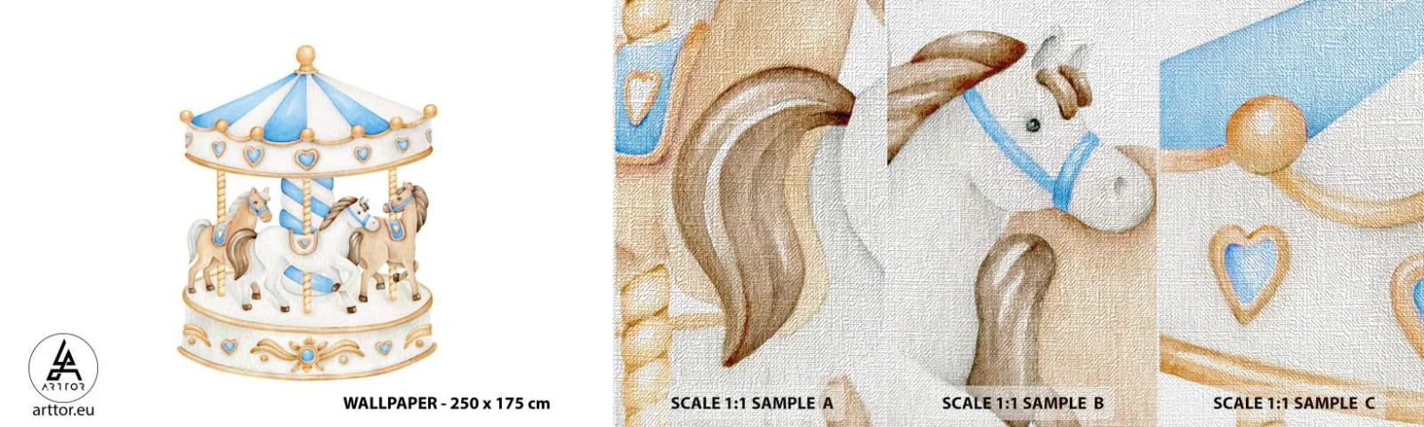 Fotobehang Monster Premium Canvas - Zoete jeugd - Paarden, Draaimolen, Kinderen - 100x30 cm