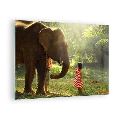Schilderen op glas - Een meisje in een rode jurk raakt een olifant aan in het bos. - 70x50cm - De kracht van vriendschap - Moderne wanddecoratie voor woonkamer en slaapkamer ARTTOR