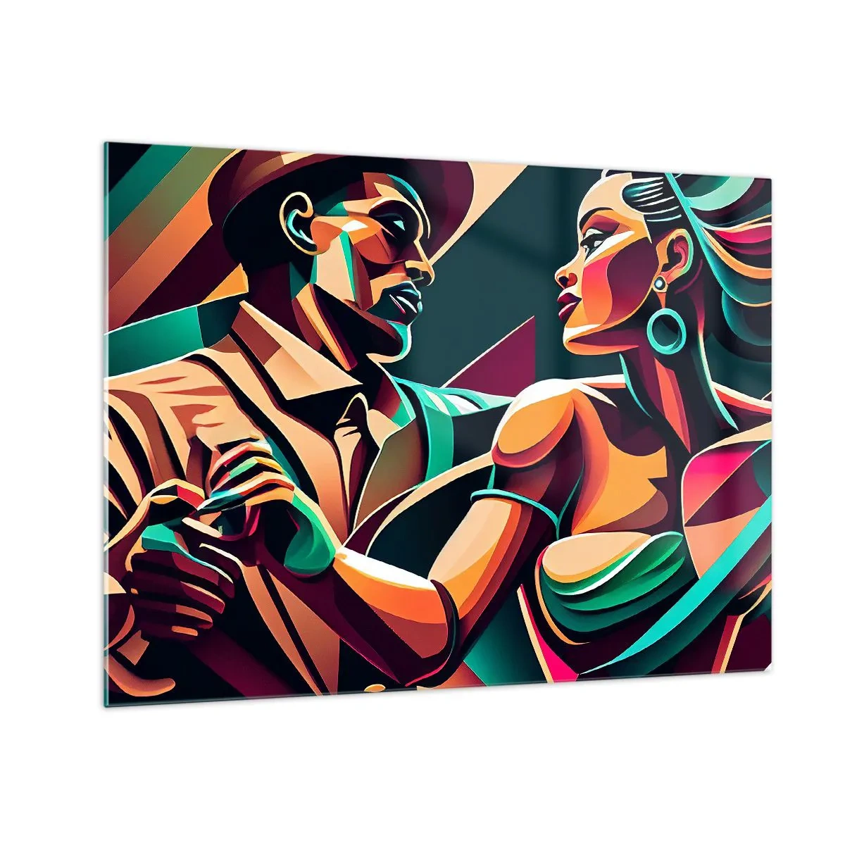 Schilderen op glas - Een kleurrijk danspaar in art-decostijl met dynamische expressie. - 70x50cm - In het ritme van het hart - Moderne wanddecoratie voor woonkamer en slaapkamer ARTTOR
