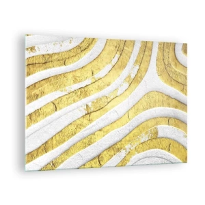 Schilderen op glas - Abstracte goud- en witte golven met een textuureffect - 70x50cm - Compositie in wit en goud - Moderne wanddecoratie voor woonkamer en slaapkamer ARTTOR