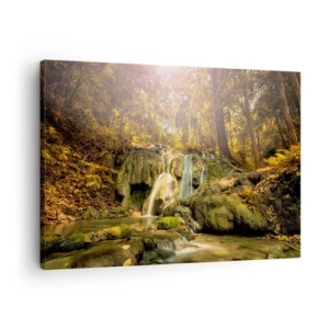 Schilderen op canvas - Een boswaterval in de zonnestralen, omgeven door groen - 70x50cm - Boscascade in het groen - Moderne wanddecoratie voor woonkamer en slaapkamer ARTTOR