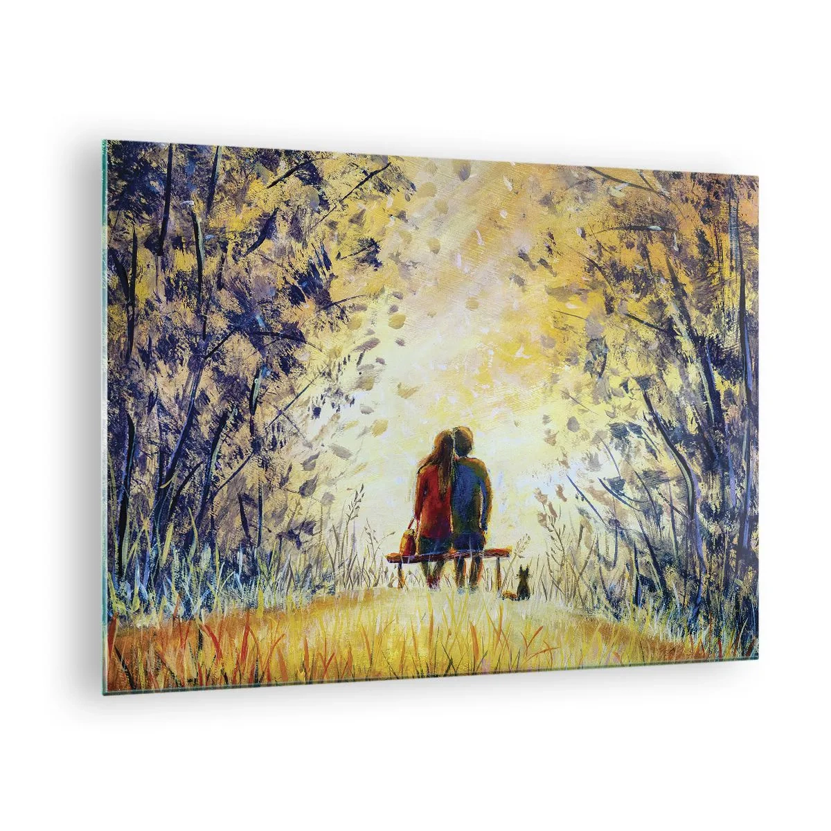 Schilderen op glas - Een stel op een bankje in een magisch moment - 70x50cm - Een magisch moment - Moderne wanddecoratie voor woonkamer en slaapkamer ARTTOR