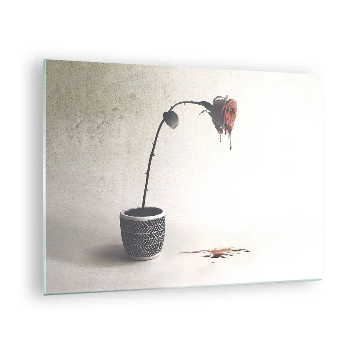Schilderen op glas - Een symbolische roos in een pot met druipende verf - 70x50cm - Rosa dolorosa - Moderne wanddecoratie voor woonkamer en slaapkamer ARTTOR