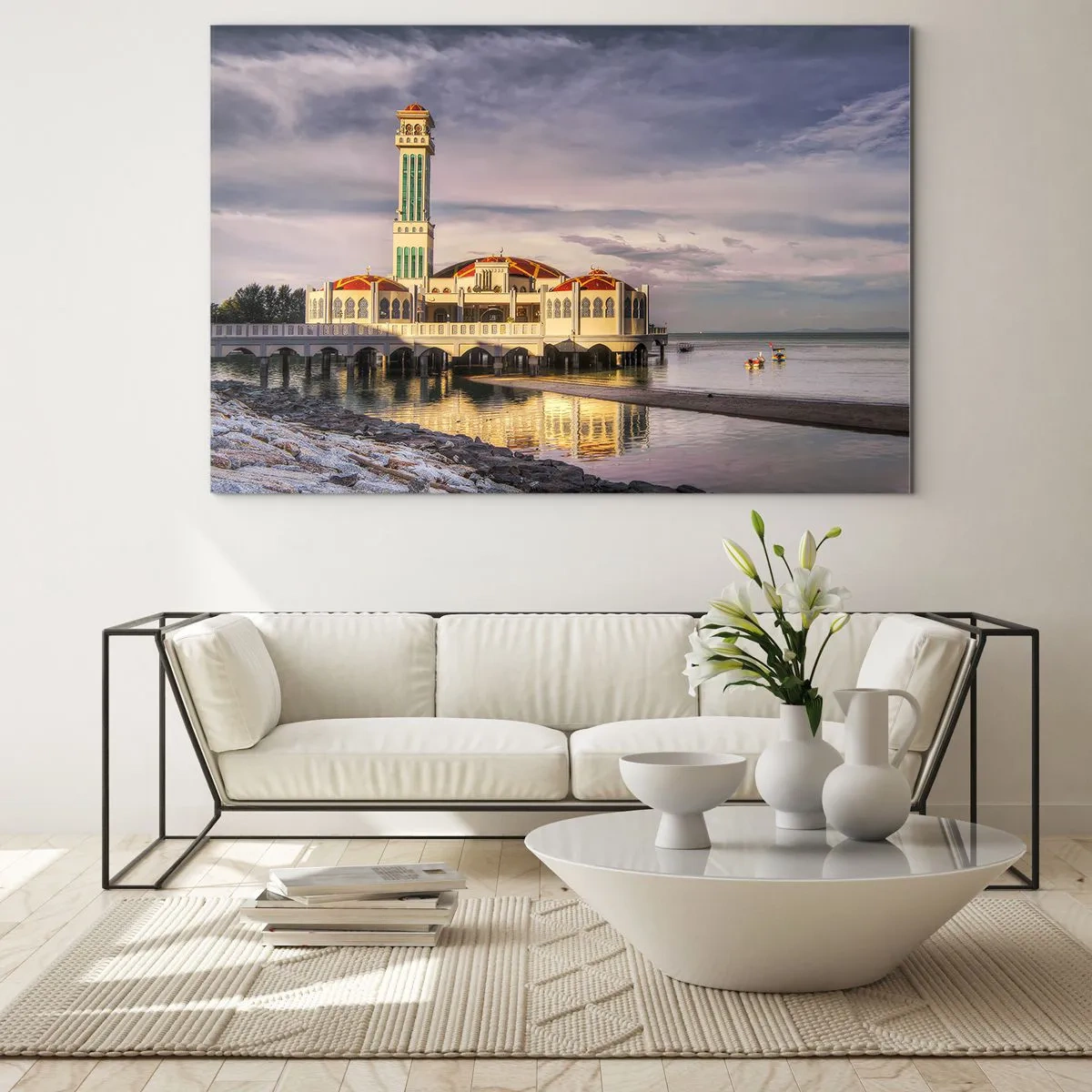 Schilderen op glas - Moskee op het water in een schilderachtig licht - 70x50cm - Tempel van de natuur - Moderne wanddecoratie voor woonkamer en slaapkamer ARTTOR