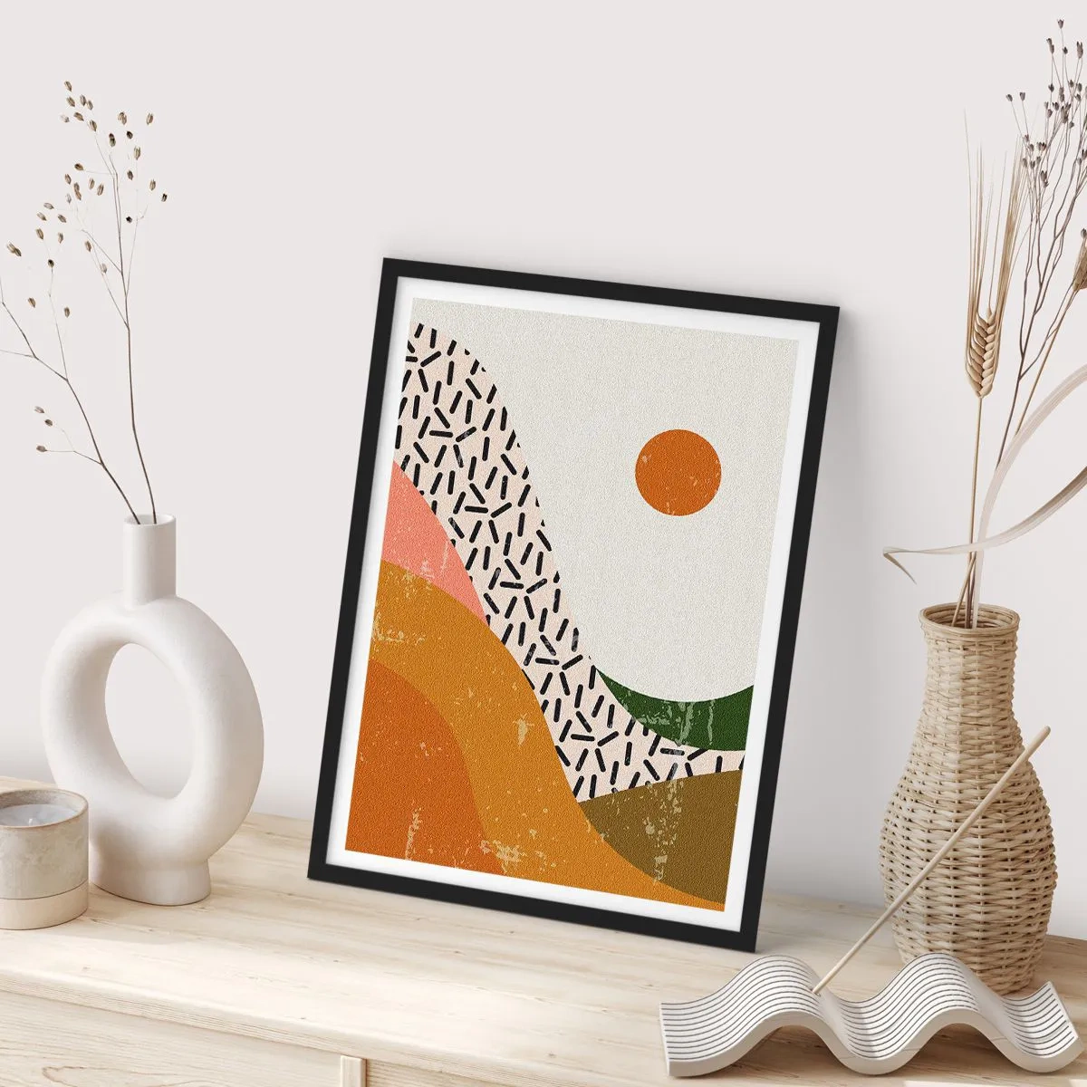 Poster in een zwarte lijst - Abstract landschap in warme kleuren - 50x70cm - Zonne-abstractie - Moderne wanddecoratie voor woonkamer en slaapkamer ARTTOR