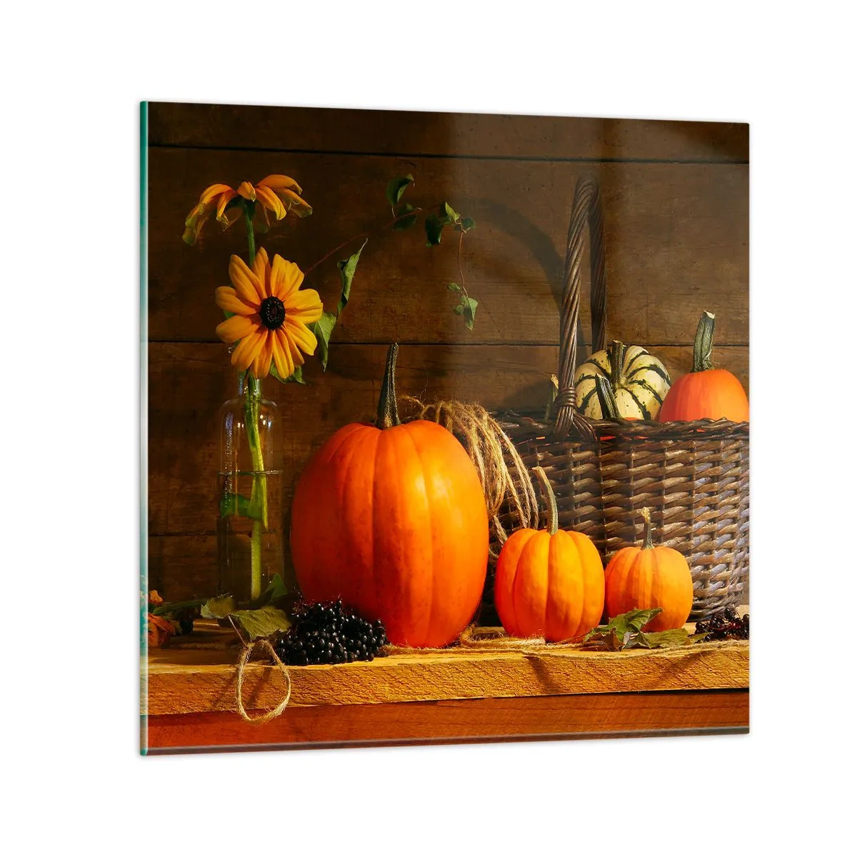 Schilderen op glas - Een rustieke compositie - geschenken van de herfst - 60x60 cm