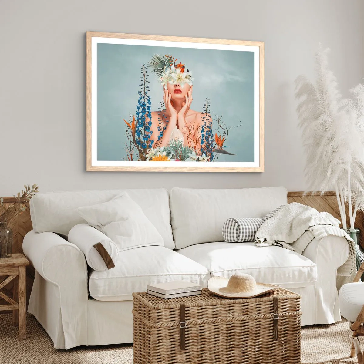 Een poster in een licht eiken lijst - Vrouw - bloem - 50x40 cm