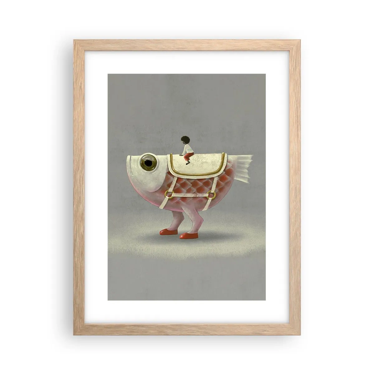Een poster in een licht eiken lijst - Ruiter op een surrealistische vis - 30x40 cm