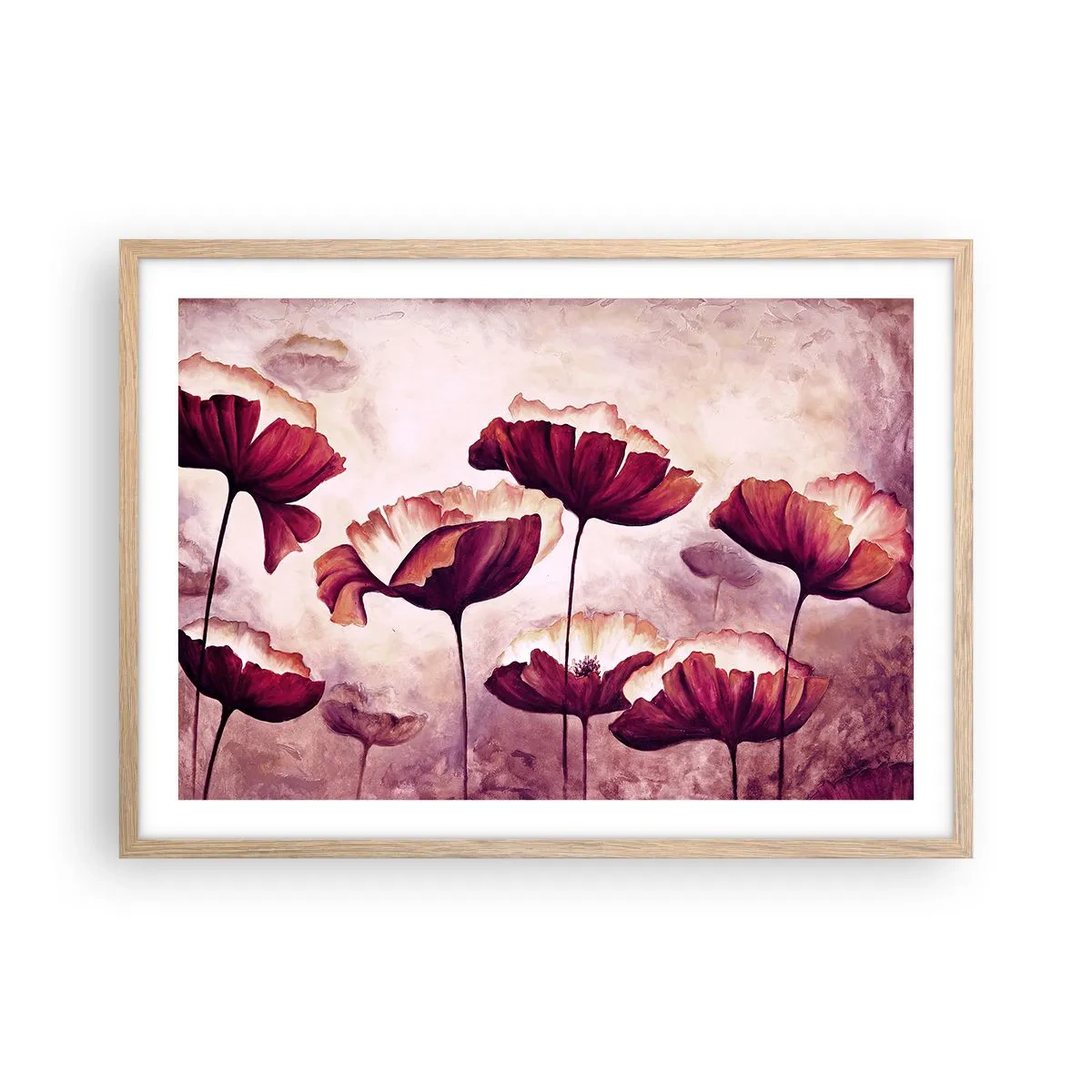 Een poster in een licht eiken lijst - Rood en wit bloemblad - 70x50 cm