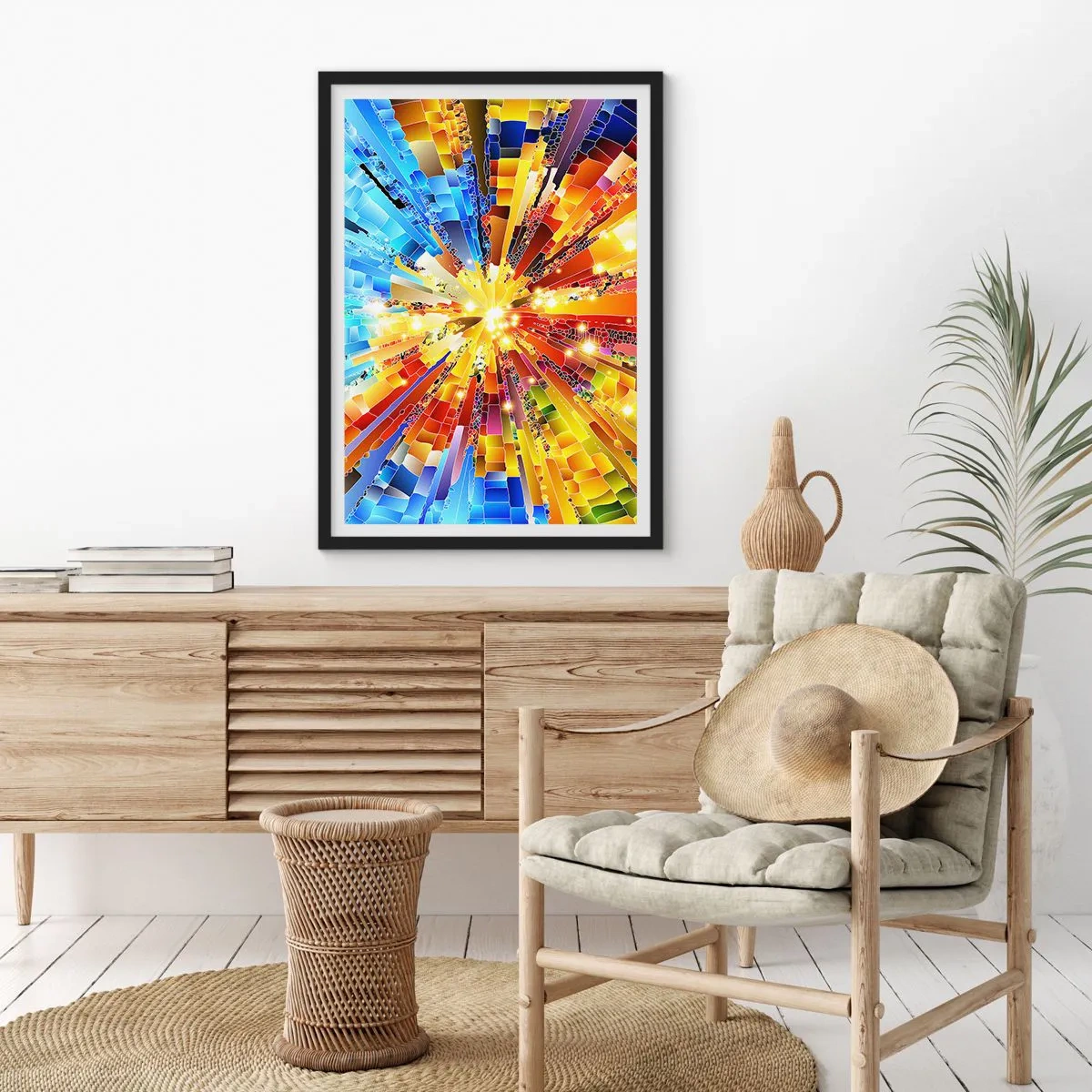 Poster in een zwarte lijst - Een kleurrijke explosie van licht in een abstracte vorm - 50x70cm - In medias res - Moderne wanddecoratie voor woonkamer en slaapkamer ARTTOR