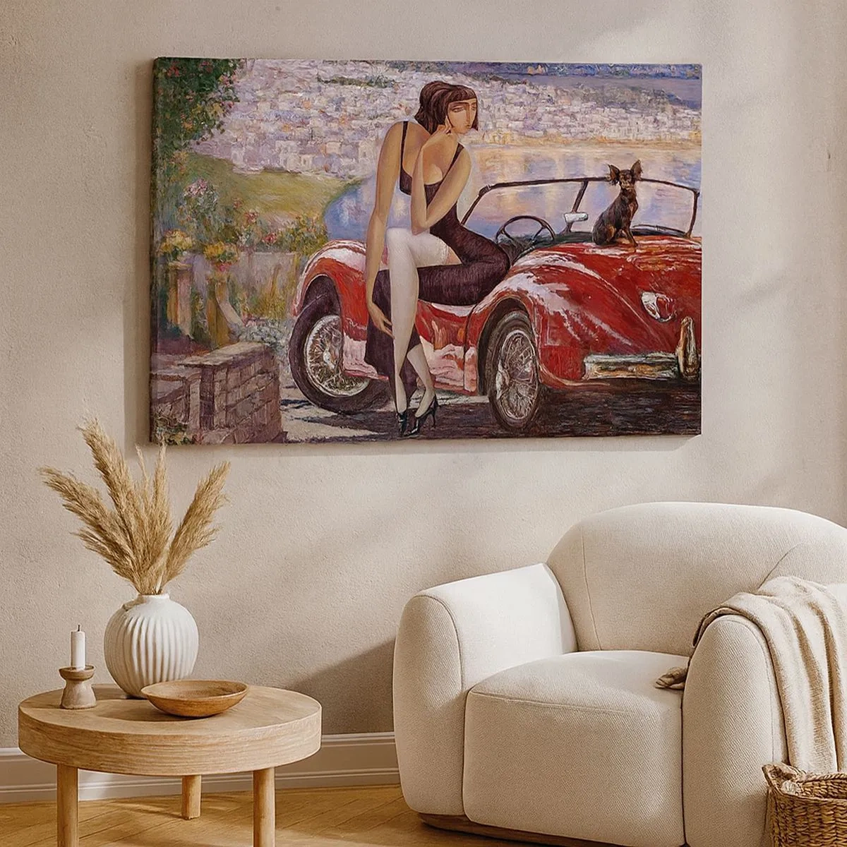 Schilderen op canvas - Een vrouw bij een rode auto met een stad op de achtergrond - 70x50cm - Zomer? Alleen aan de Rivièra - Moderne wanddecoratie voor woonkamer en slaapkamer ARTTOR