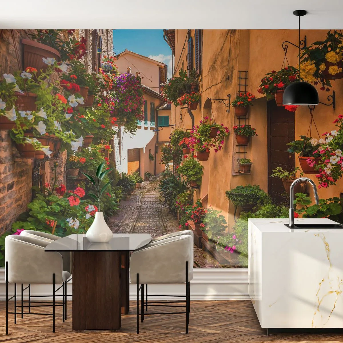 Fotobehang op maat Standard Eco - Italiaans zijstraatje - Stad, Bloemen, Architectuur