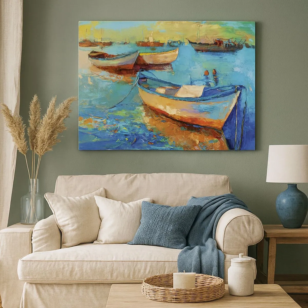 Schilderen op canvas - Kleurrijke boten aangemeerd op kalm water - 70x50cm - In de zuidelijke baai - Moderne wanddecoratie voor woonkamer en slaapkamer ARTTOR