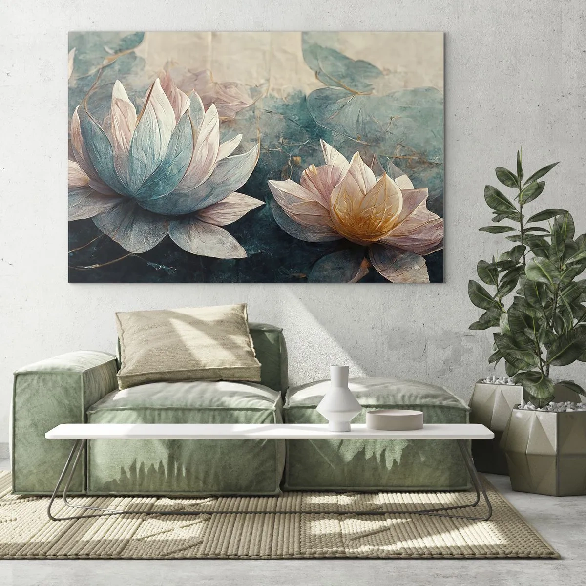 Schilderen op glas - Artistieke weergave van lotusbloemen tegen een achtergrond van waterbladeren. - 70x50cm - Sterren van het meer - Moderne wanddecoratie voor woonkamer en slaapkamer ARTTOR
