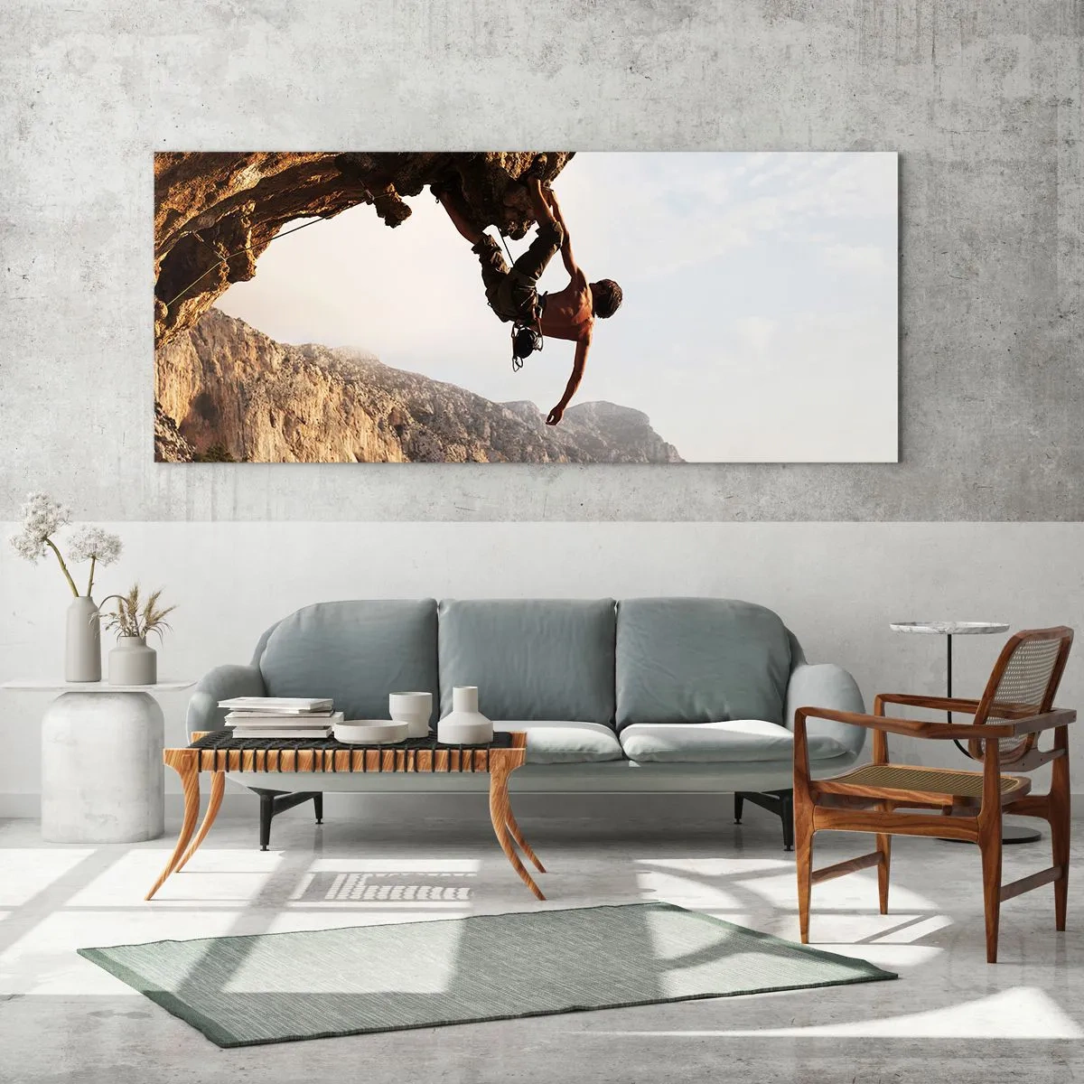 Schilderen op glas - De wereld gekrompen in een hand op een rotsblok  - 160x50 cm
