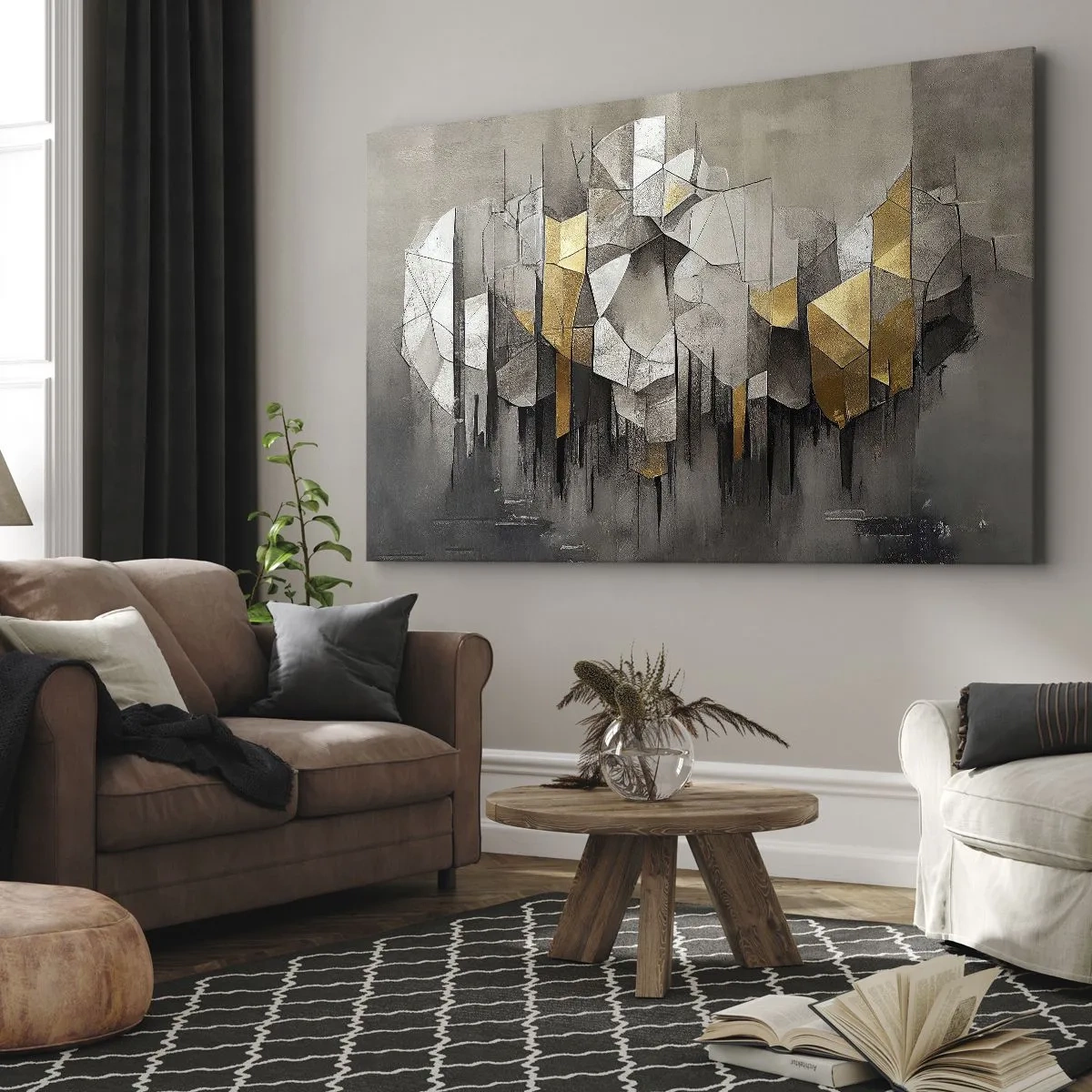 Schilderen op canvas - Geometrische abstractie in tinten goud en grijs - 70x50cm - Compositie van ijs en licht - Moderne wanddecoratie voor woonkamer en slaapkamer ARTTOR