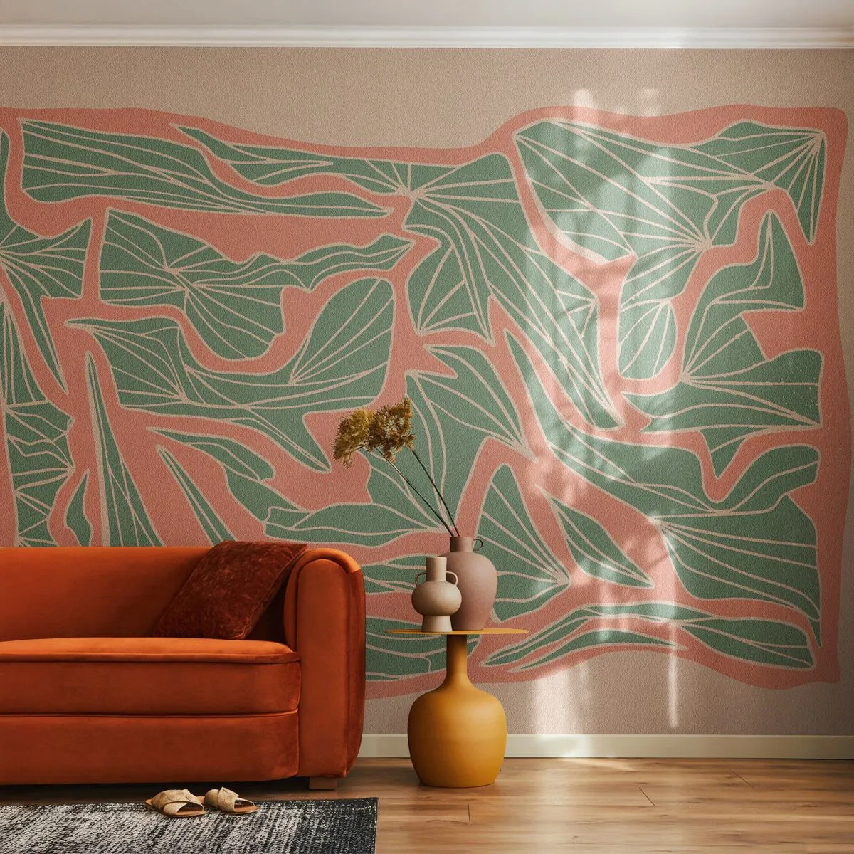 Zelfklevend Fotobehang Deluxe Sticker - De strijd tussen koraal en groen - Boho, Pastel, Deel - 200x140 cm