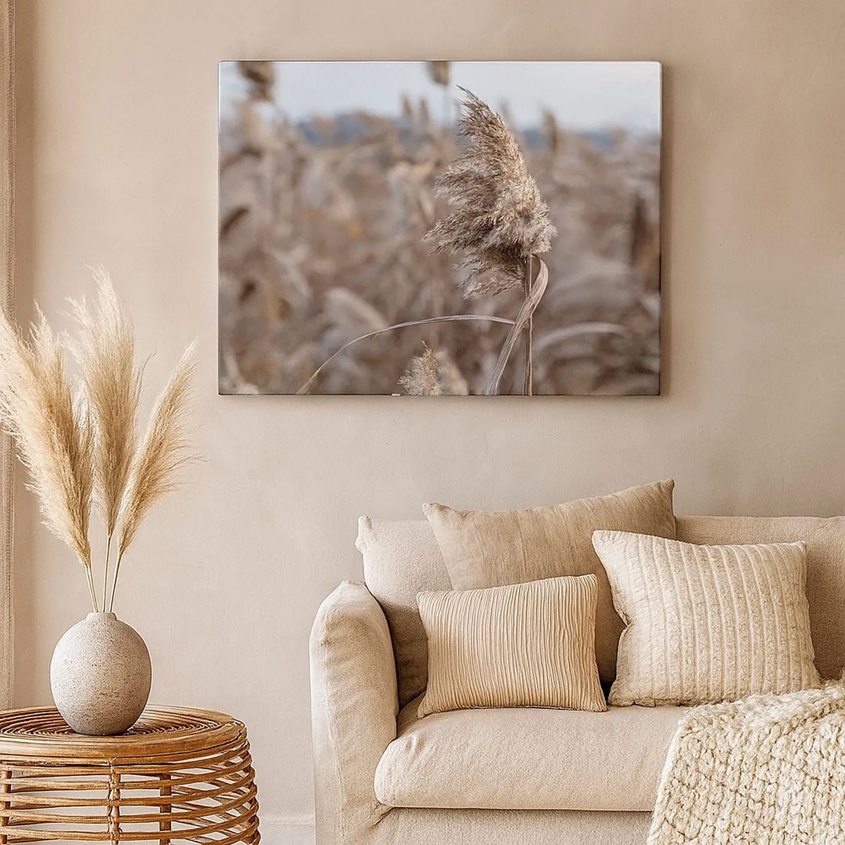 Schilderen op canvas - Delicate grassen in beige tinten tegen de achtergrond van de natuur - 70x50cm - Tijd om met de wind mee te gaan - Moderne wanddecoratie voor woonkamer en slaapkamer ARTTOR