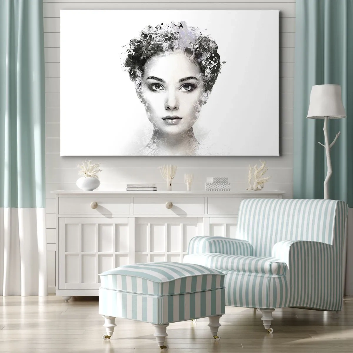 Schilderen op canvas - Een artistiek portret van een vrouw met delicate abstracte accenten. - 70x50cm - Een uiterst stijlvol portret - Moderne wanddecoratie voor woonkamer en slaapkamer ARTTOR