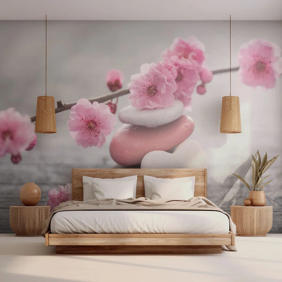 Zelfklevend Fotobehang Deluxe Sticker - Gelukzaligheid met een kersenbloesem - Hart, Bloem, Stenen - 250x175 cm