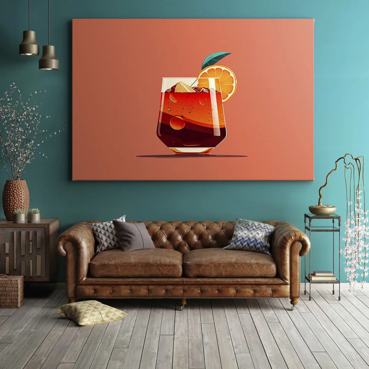 Schilderen op canvas - Een glas drank en een sinaasappelschijfje op een oranje achtergrond - 70x50cm - Zomerse verfrissing - Moderne wanddecoratie voor woonkamer en slaapkamer ARTTOR