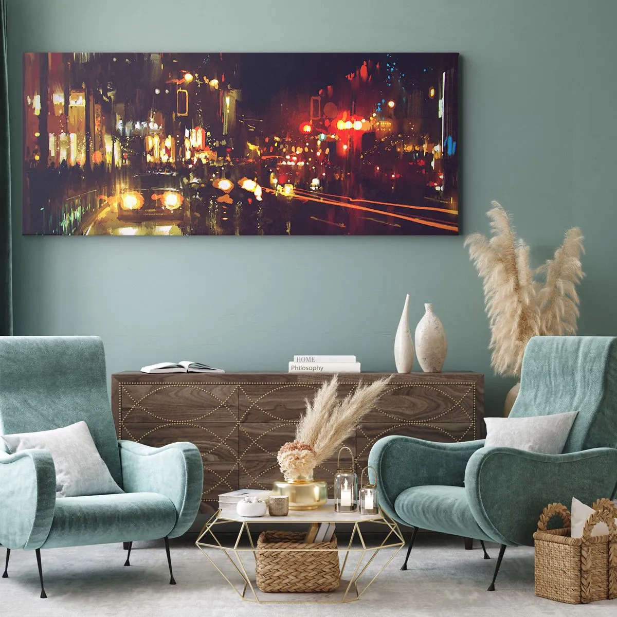 Schilderen op canvas - Ondergedompeld in de lichten van de nacht - 100x40 cm