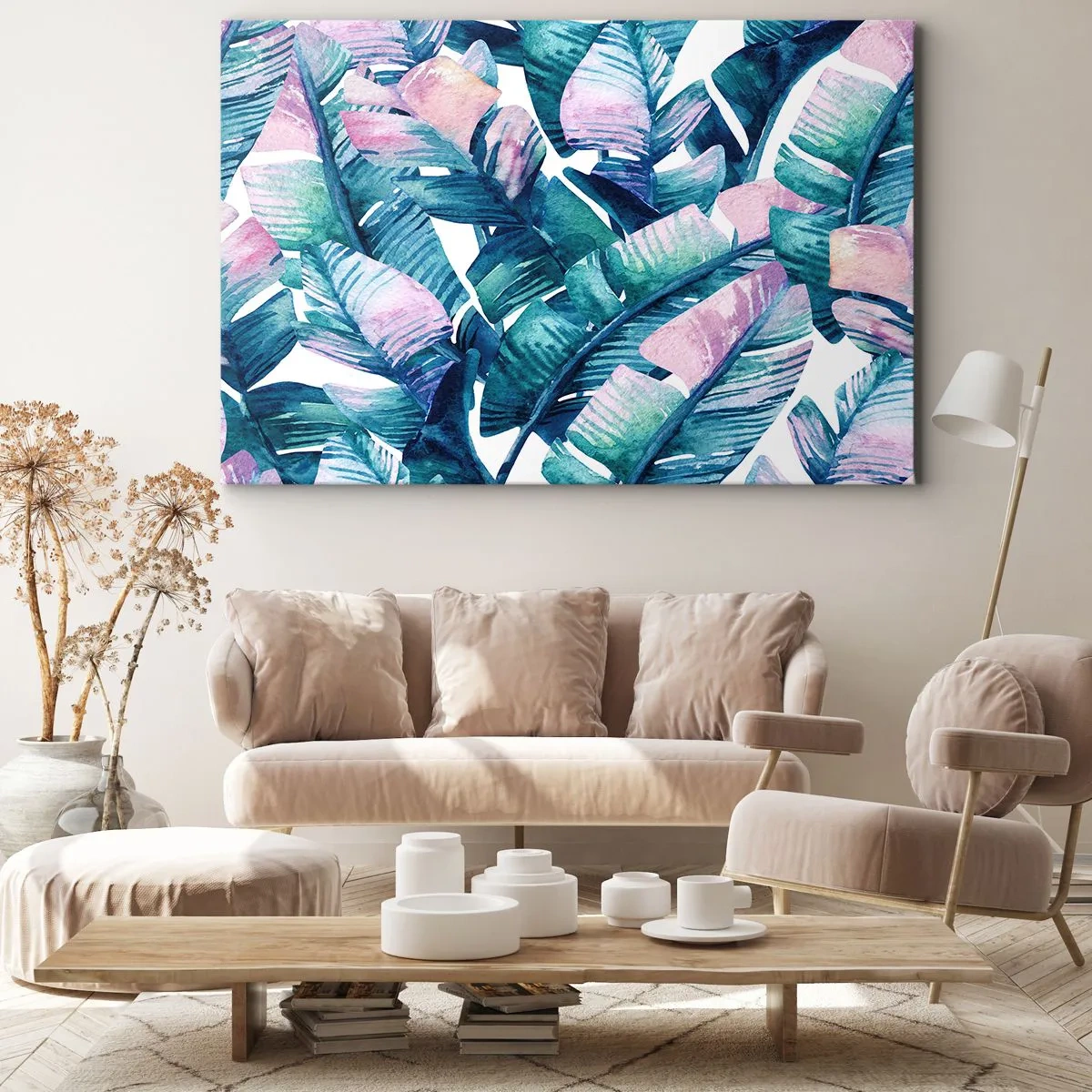 Schilderen op canvas - Bananenbladeren in tinten blauw en roze - 70x50cm - In een bananenboomgaard - Moderne wanddecoratie voor woonkamer en slaapkamer ARTTOR