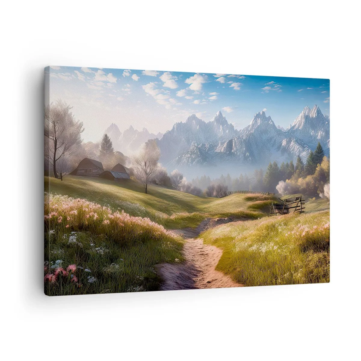Schilderen op canvas - Een bergdal met weilanden, hutten en uitzicht op de toppen - 70x50cm - Idyllische vallei - Moderne wanddecoratie voor woonkamer en slaapkamer ARTTOR