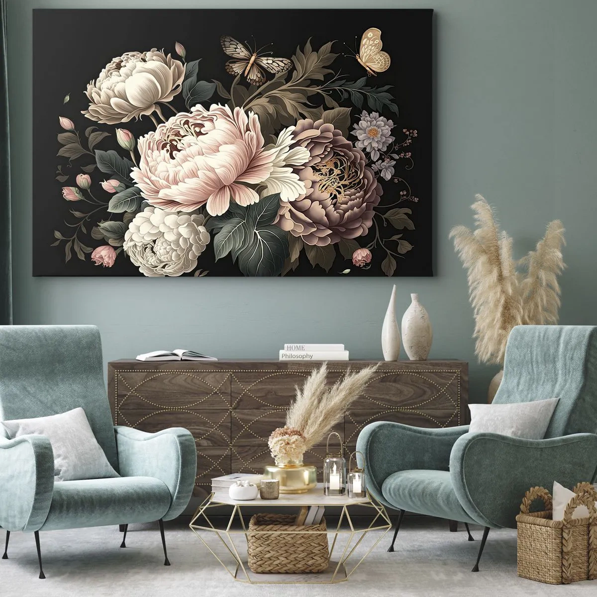 Schilderen op canvas - Een boeket roze bloemen en vlinders op een zwarte achtergrond - 70x50cm - In barokstijl - Moderne wanddecoratie voor woonkamer en slaapkamer ARTTOR