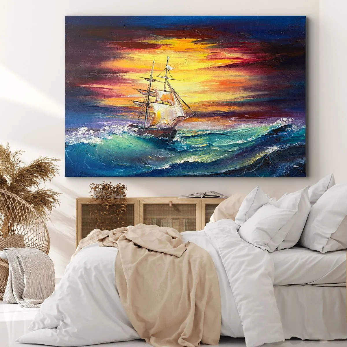 Schilderen op canvas - Een zeilschip tegen de achtergrond van een kleurrijke zonsondergang - 70x50cm - Dapper onder de golven - Moderne wanddecoratie voor woonkamer en slaapkamer ARTTOR