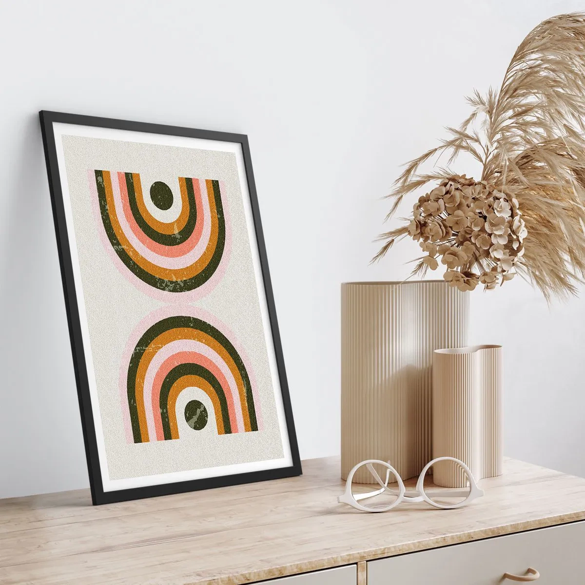 Poster in een zwarte lijst - Geometrische compositie in retrostijl - 50x70cm - Tweeling abstractie - Moderne wanddecoratie voor woonkamer en slaapkamer ARTTOR