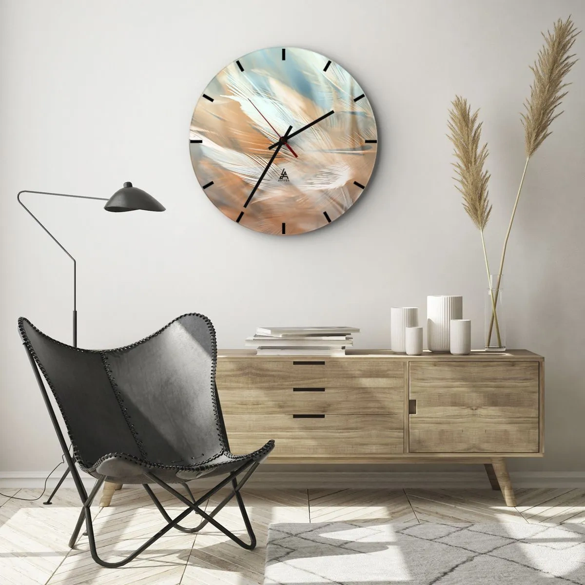 Wandklok - Klok - Delicate veren in pasteltinten blauw en perzik - 30x30cm - In het land van zachtheid - Moderne wanddecoratie voor woonkamer, keuken en slaapkamer ARTTOR