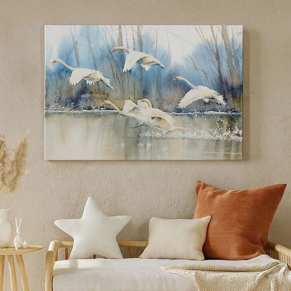Schilderen op canvas - Zwanen in vlucht over een bevroren meer in een winterlandschap - 70x50cm - Zoals in het sprookje over wilde zwanen - Moderne wanddecoratie voor woonkamer en slaapkamer ARTTOR
