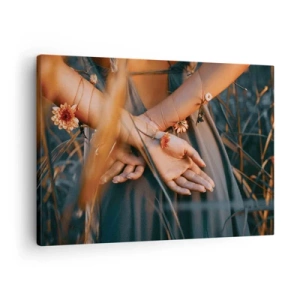 Schilderen op canvas - Sensuele handen met bloemen in een natuurlijke omgeving - 70x50cm - Verbonden met de natuur - Moderne wanddecoratie voor woonkamer en slaapkamer ARTTOR