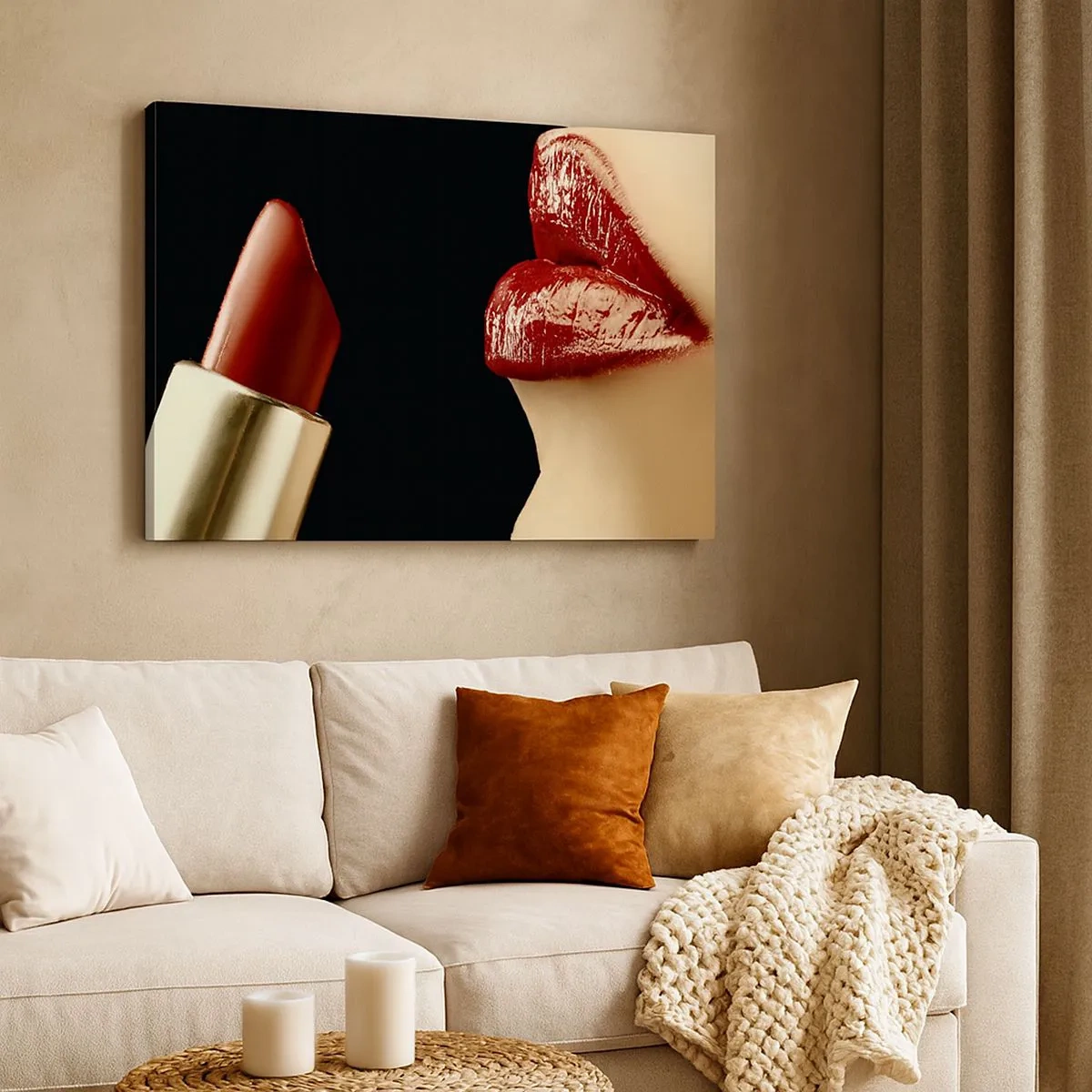 Schilderen op canvas - Rode lippen en lippenstift op een zwarte achtergrond - 70x50cm - Sensualiteit en schittering van karmijn - Moderne wanddecoratie voor woonkamer en slaapkamer ARTTOR
