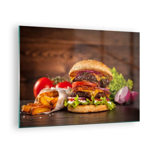 Schilderen op glas - Sappige hamburger met toppings en friet op een houten achtergrond - 70x50cm - Verboden fruit - Moderne wanddecoratie voor woonkamer en slaapkamer ARTTOR