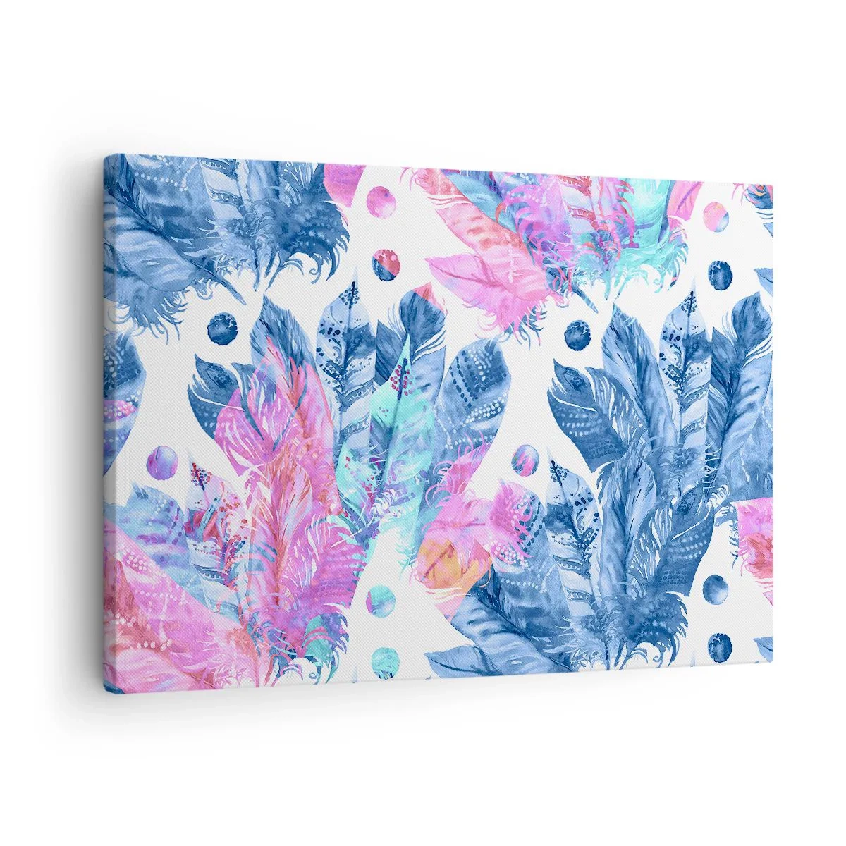 Schilderen op canvas - Abstract patroon met kleurrijke veren in pasteltinten - 70x50cm - Pluimen in roze en blauw - Moderne wanddecoratie voor woonkamer en slaapkamer ARTTOR