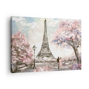 Schilderen op canvas - De Eiffeltoren omgeven door bloeiende bomen - 70x50cm - Aprilwandeling door Parijs - Moderne wanddecoratie voor woonkamer en slaapkamer ARTTOR