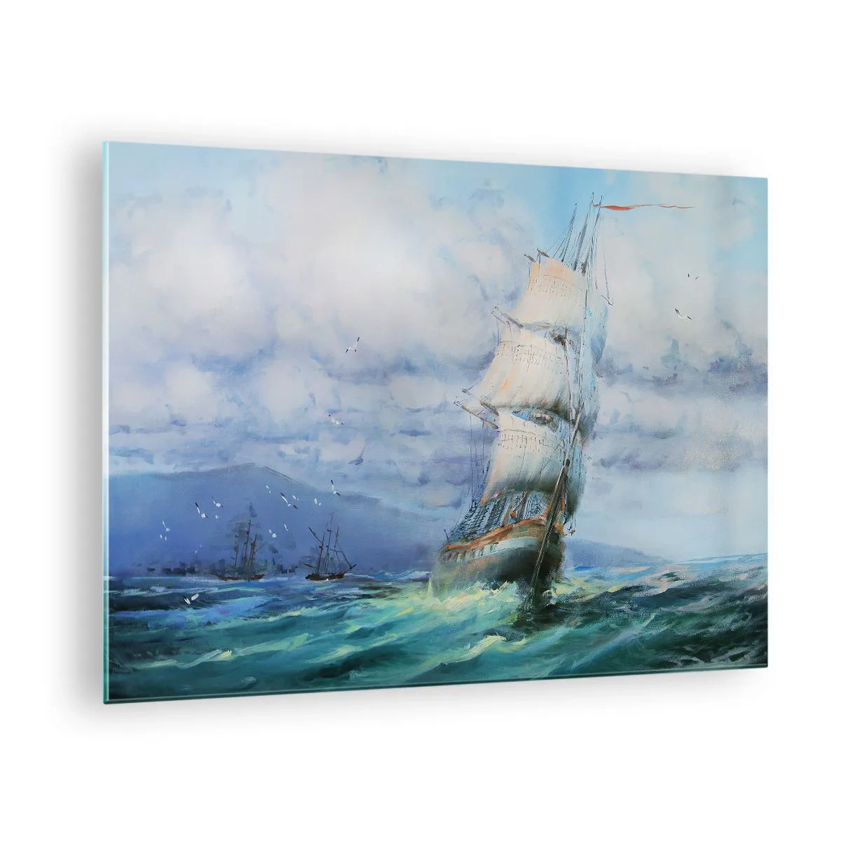 Schilderen op glas - Een schip met zeilen dat op een stormachtige zee onder een bewolkte hemel vaart - 70x50cm - Goede wind - Moderne wanddecoratie voor woonkamer en slaapkamer ARTTOR