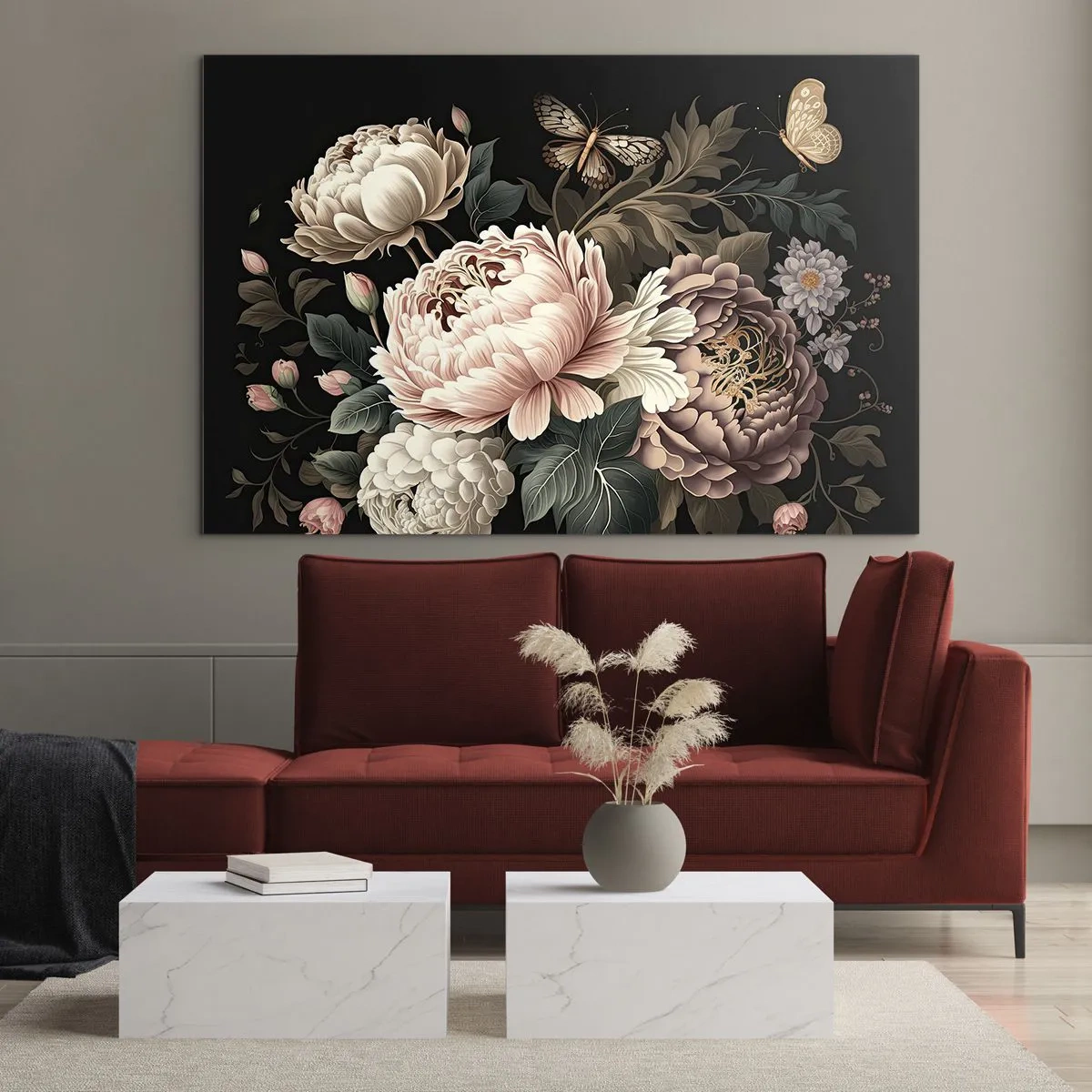 Schilderen op glas - Bloemencompositie met vlinders op een zwarte achtergrond - 70x50cm - In barokstijl - Moderne wanddecoratie voor woonkamer en slaapkamer ARTTOR