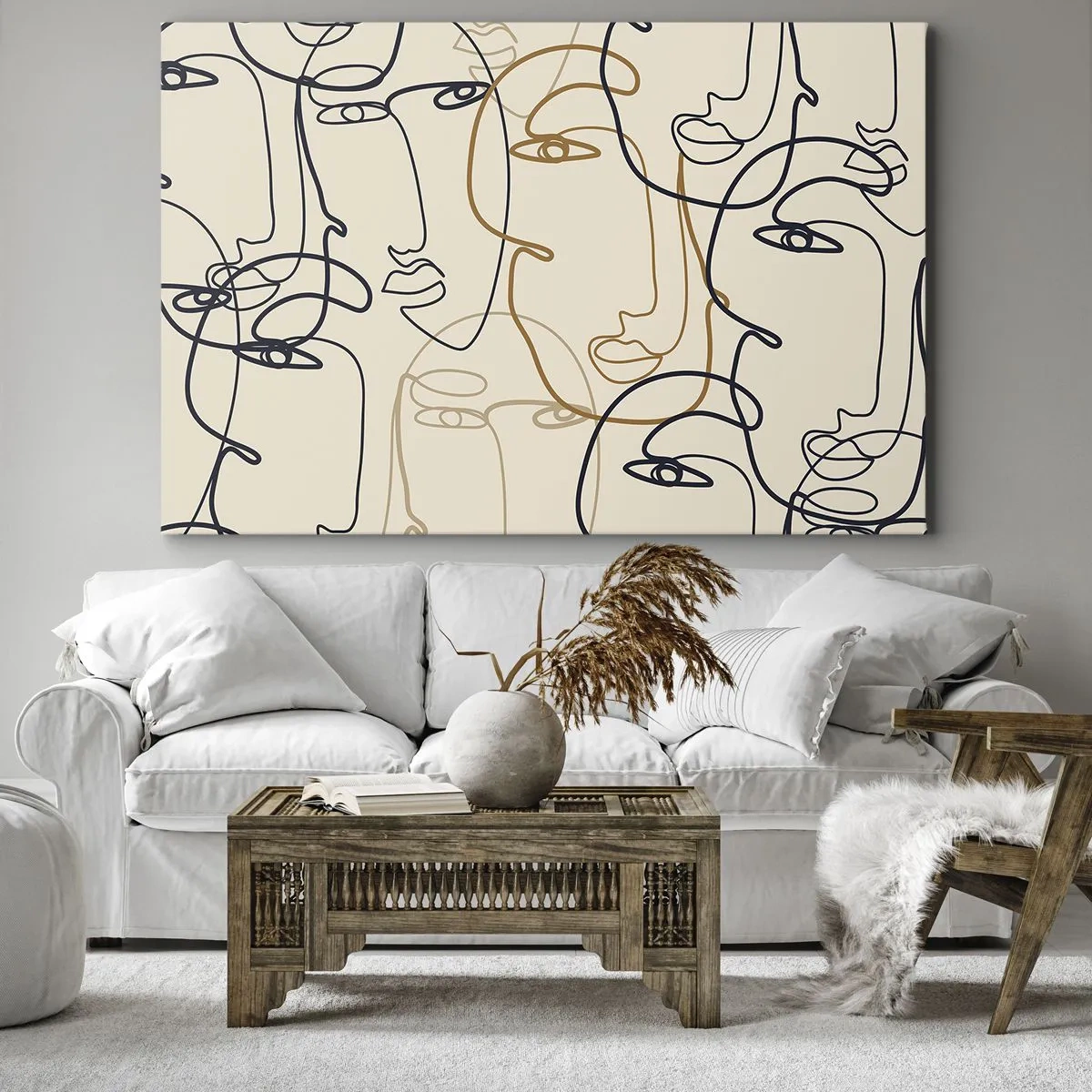 Schilderen op canvas - Minimalistische lijntekeningen op een lichte achtergrond - 70x50cm - Het portret is vermenigvuldigd - Moderne wanddecoratie voor woonkamer en slaapkamer ARTTOR