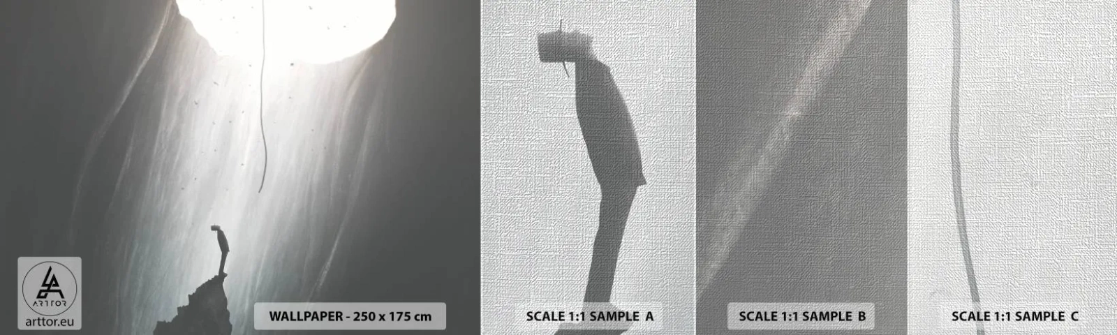 Fotobehang Monster Premium Canvas - Er is altijd een uitweg - Grot, Man, Klimmen - 100x30 cm