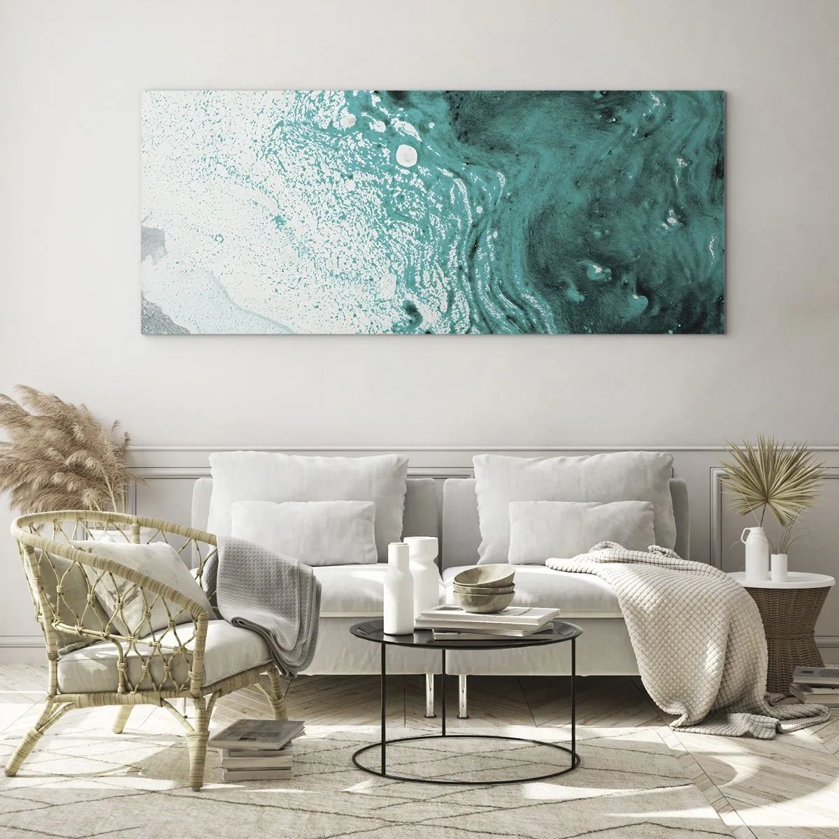Schilderen op glas - Versmelten in wit en turkoois - 120x50 cm