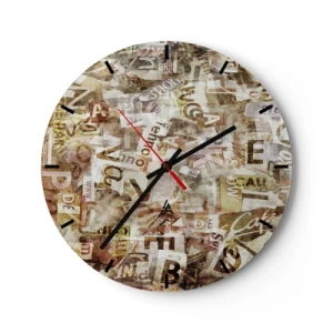 Wandklok - Klok - Abstracte compositie met letters in tinten beige en bruin - 30x30cm - Ik verenig het gebabbel - Moderne wanddecoratie voor woonkamer, keuken en slaapkamer ARTTOR