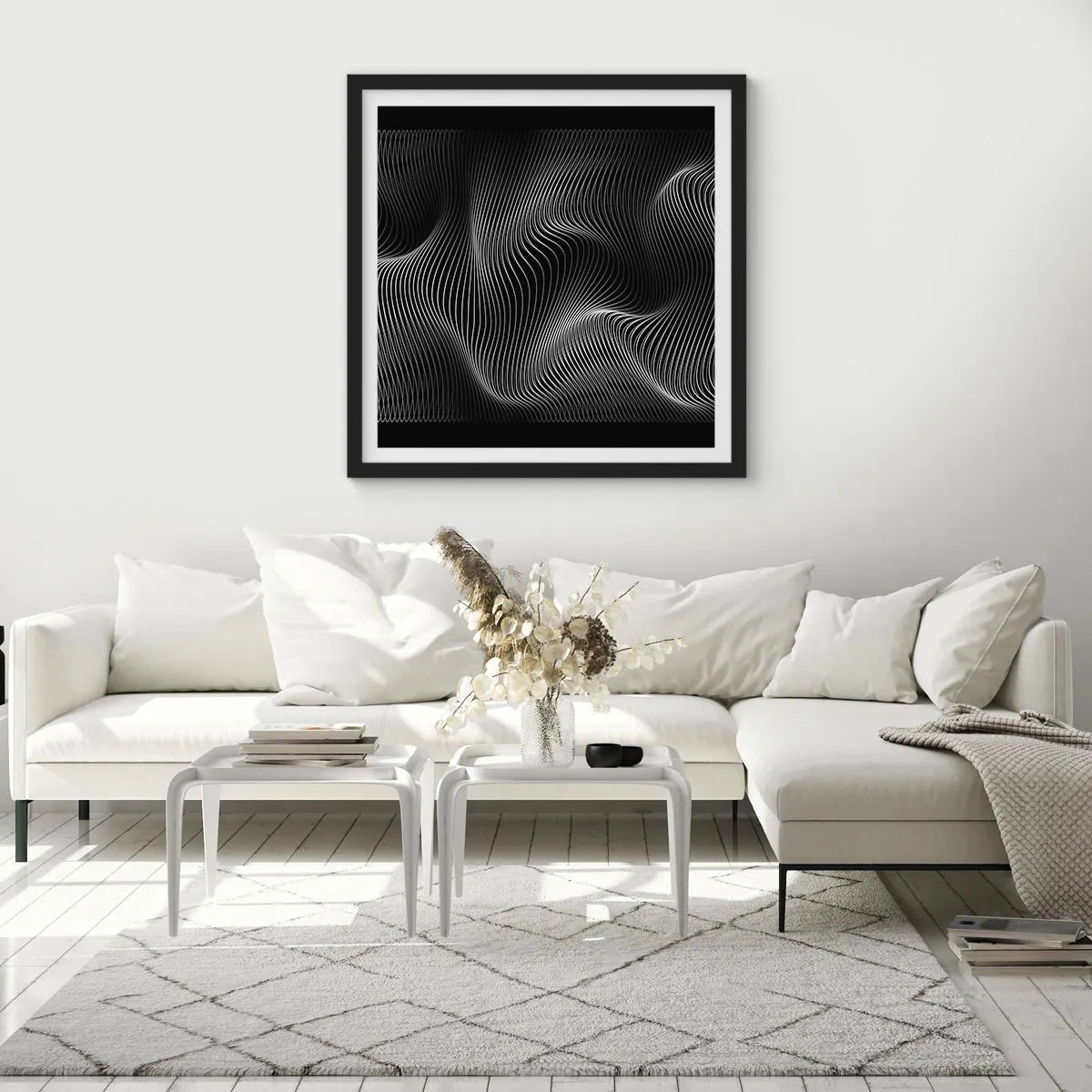 Poster in een zwarte lijst - Dans van licht in de ruimte - 30x30 cm