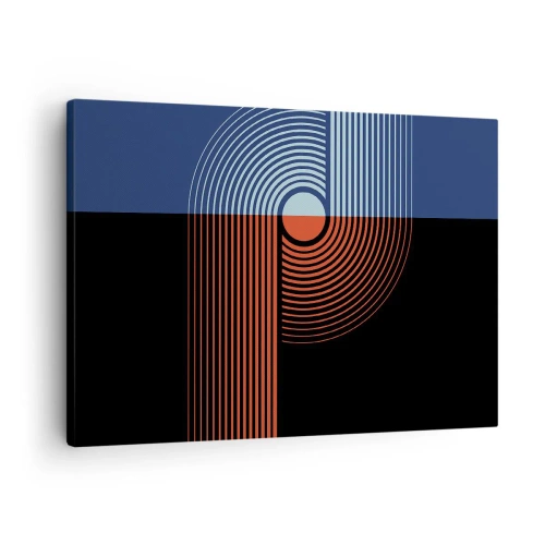 Schilderen op canvas - Geometrische abstractie met lijnen in marineblauw en oranje. - 70x50cm - In een geometrische omhelzing - Moderne wanddecoratie voor woonkamer en slaapkamer ARTTOR