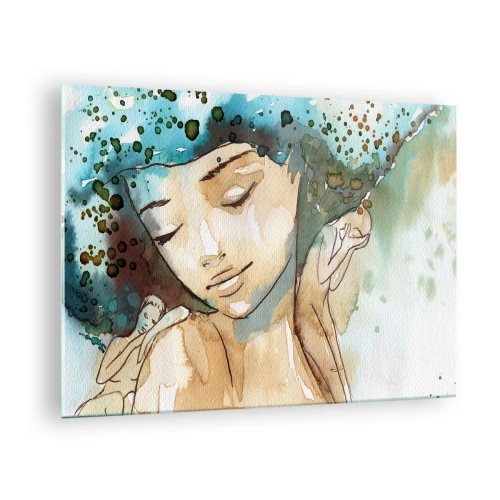 Schilderen op glas - Aquarelportret van een vrouw met haar ogen gesloten - 70x50cm - Dame in het blauw - Moderne wanddecoratie voor woonkamer en slaapkamer ARTTOR