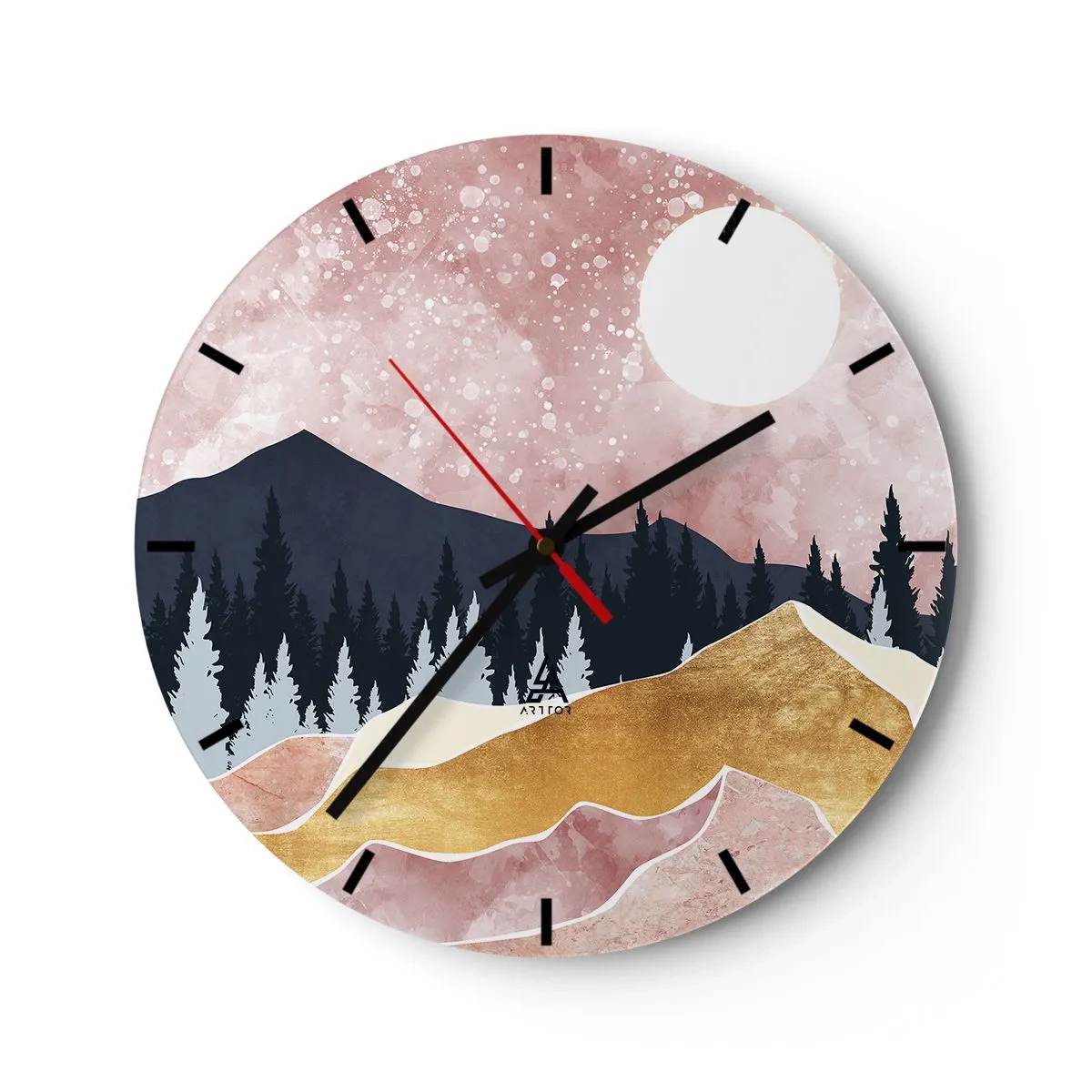 Wandklok - Klok - Artistiek berglandschap in pastelkleuren met een bos en de maan. - 30x30cm - Nachtwacht - Moderne wanddecoratie voor woonkamer, keuken en slaapkamer ARTTOR